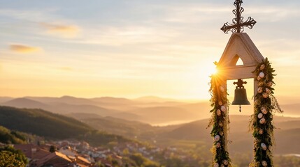 Poster - A scenic view of a church bell tower decorated with Easter garlands during sunrise
