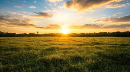 Aufkleber - A serene sunrise over a meadow with a single cross silhouetted in the distance