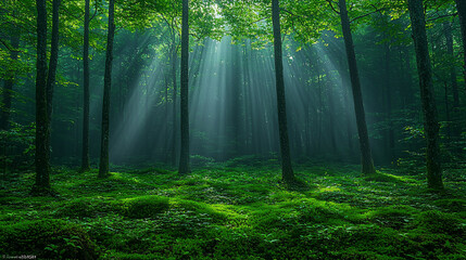 Wall Mural - Sunbeams piercing misty green forest.