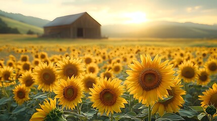 Wall Mural - Sunflower Filled Meadow with Rustic Barn at Sunset in Peaceful Countryside Landscape