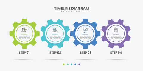 Business infographic template. 4 Step timeline journey. Process diagram, 4 options gear on white background, Infograph elements