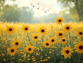 Wall Mural - Vibrant Field of Blooming Daisies and Sunflowers with Soaring Birds in Peaceful Countryside Scenery