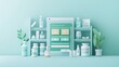 © BerkahStock - Online pharmacy interface with medicine bottles and plants.