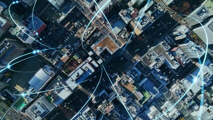 Aufkleber - network, communication, city, drone, aerial view, technology, radio wave, data, line, antenna, internet, online, web, ai, 5g, iot, iiot, internet of things, ict, cyber, cloud, big data, telecommunicat