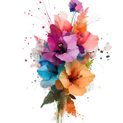 Poster - Vibrant Floral Arrangement Surrounded by Colorful Paint Splashes Creating an Artistic and Playful Atmosphere of Joyful Beauty isolated on a white background