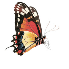 Poster - Vibrant Butterfly Gliding Gracefully Against Deep Black Background Showcasing Nature's Beauty and Intricate Patterns isolated on a white background