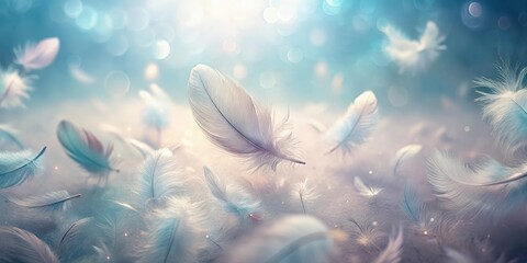Wall Mural - Ethereal Softness A Gentle Flurry of Delicate Feathers Drifting in a Dreamlike, Light-Filled Atmosphere