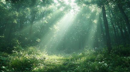 Wall Mural - Sunbeams illuminate misty forest path.