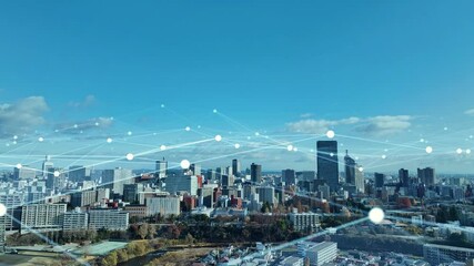 Aufkleber - network, city, smart city, aerial view, drone, outlook, future, dx, digital transformation, construction, infrastructure, antenna, radio wave, line, communication, blue sky, horizon, buildings, era, c