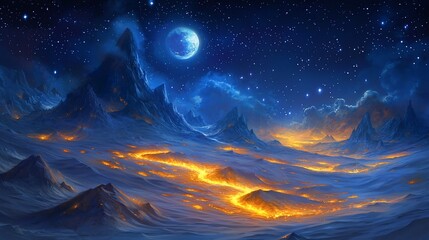 Wall Mural - Glowing river winds through a snowy, mountainous landscape under a bright blue moon and starry sky.