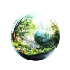 Poster - Enchanting Sphere Displaying Lush Forest and Cascading Waterfall Creating a Tranquil Atmosphere of Natural Beauty isolated on a white background