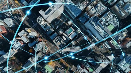 Poster - network, city, society, drone, aerial view, bird eye view, future, progress, evolution, advancement, innovation, construction, connection, technology, iot, lpwa, 5g, 6g, haps, dtc, smart city, data, w