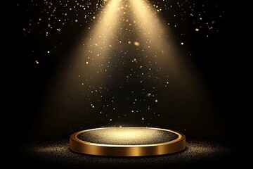 gold podium with circular frame on a black background for an award ceremony, presentation, or luxury
