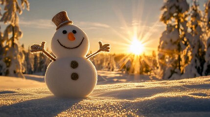 Wall Mural - Happy snowman in snowy forest at sunset.