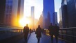 © BerkahStock - Silhouetted business people walking on a city walkway at sunset.