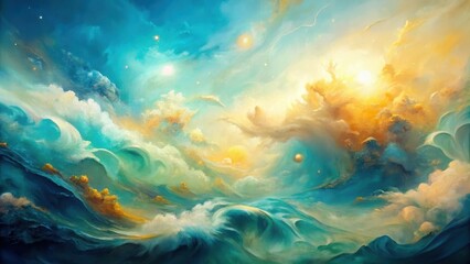 Wall Mural - Celestial Seascape A Dreamlike Vision of Whimsical Clouds and Rolling Ocean Waves Under a Vivid, Starry Sky