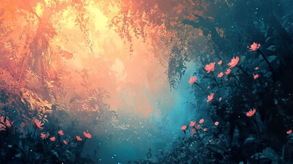 Sticker - Enchanted Forest: A Dreamlike Landscape of Magical Trees and Flowers