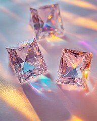 Three sparkling, cut gemstones casting rainbows on a light surface.