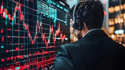 Poster - trader wearing headphones merged with market crashrebound graph and an urban skyline backdrop repres