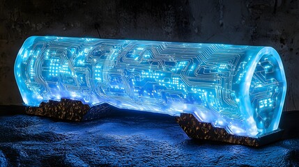 Poster - High tech glowing digital circuits and patterns formed on a dark textured surface creating a futuristic cyberpunk inspired concept and visual representation of technology innovation and data flow