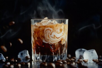 Wall Mural - Iced coffee cocktail with cream in rocks glass, coffee beans, ice cubes, dark background, steam.