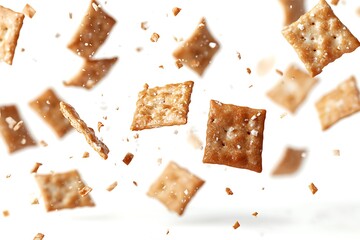 Flying delicious crackers on white background