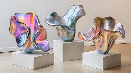 Poster - Visually captivating abstract sculptures with flowing organic forms and shimmering iridescent and metallic finishes creating a mesmerizing and futuristic display