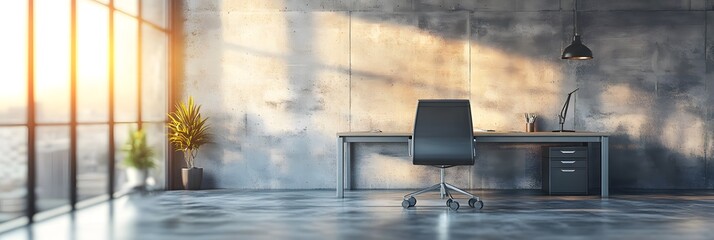 Poster - industrial-style office with concrete walls, a large metal desk, and a simple chair. The background is softly blurred with warm lighting