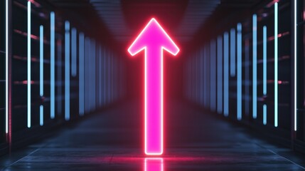 Poster - A vibrant neon arrow points upward, illuminated in a futuristic corridor, surrounded by glowing vertical lines.