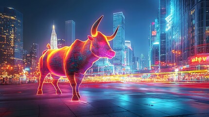 Poster - Neon Bull Blended with Glowing Trend Lines and Vibrant City Evening Lights  Futuristic and abstract cityscape scene with a bull shaped symbol illuminated by neon lights