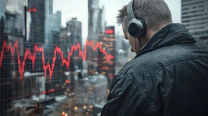 Poster - Trader wearing headphones intently monitoring market fluctuations and data displayed on digital graph overlaid on an urban city backdrop