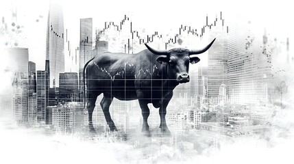 Poster - A powerful and imposing bull silhouette looms over a dynamic financial landscape with high rise buildings and a bold candlestick chart juxtaposed in a captivating abstract digital