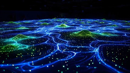 Poster - Glowing Geometric Circuits in Futuristic Dark Shades of Blue and Green   Intricate digital backdrop with luminous