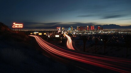 Wall Mural - Night cityscape with light trails on highway.