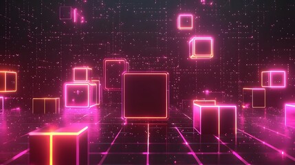 Poster - Sleek and Glowing Neon Geometric Shapes in a Dark Digital Background  Futuristic and Minimalist 3D Render with Bright Vibrant Colors Luminous Lighting and Abstract Architectural Elements