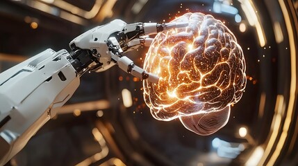 Poster - Robotic arms manipulating a holographic projection of a human brain representing advanced neuroscience research and technological innovation  The image showcases the potential of AI robotics