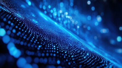 Poster - Abstract blue glowing particle wave. Ideal for tech, AI, or digital backgrounds.