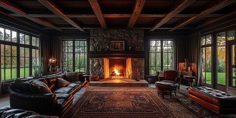 Poster - Cozy autumn living room fireplace, large windows, green lawn view