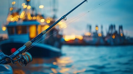 Wall Mural - Close-up of fishing rod with blurred fishing boat and harbor lights at sunset.