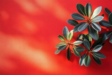 Wall Mural - Green Leaves Over Bright Red Surface with Shadow Play Effects