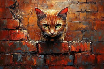 Wall Mural - Cat Peeking Through Cracked Brick Wall in Vibrant Colors