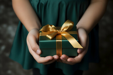 Child's hands holding a beautifully wrapped green gift box with a gold ribbon in a warm and inviting indoor setting