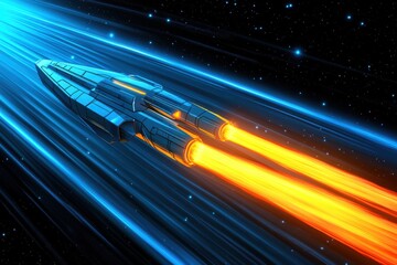 Wall Mural - Futuristic Spacecraft Traveling Through Bright Neon Galaxy Background