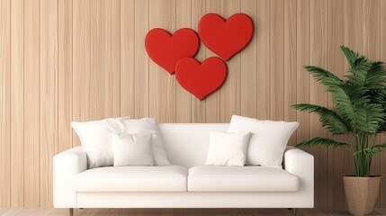 Wall Mural - A modern living room featuring a white couch, decorative heart wall art, and a green plant, creating a cozy and inviting atmosphere.