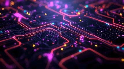 Poster - Intricate neon circuit design on a dark background with glowing luminous lines and patterns  This digital depicts a complex high tech futuristic technological landscape filled with innovative