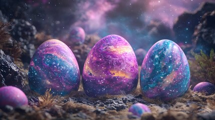 Poster - Vibrant and iridescent Easter eggs shaped like planets floating in a surreal galactic themed environment with a starry sky nebulae and a mysterious dreamlike atmosphere