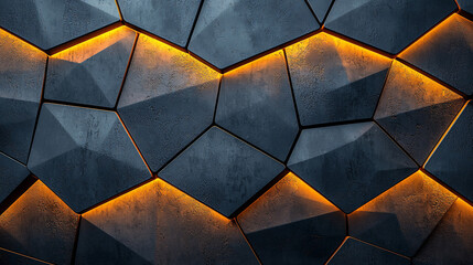 Wall Mural - Abstract dark gray geometric wall with warm light.