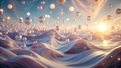 Wall Mural - Serene Orb-Filled Landscape at Sunset A Dreamlike Vision of Smooth Waves and Glowing Spheres