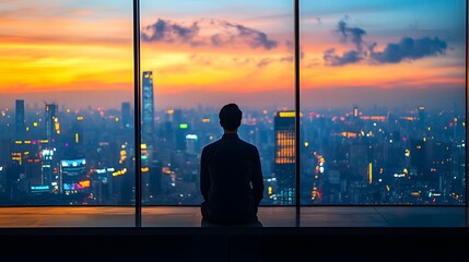 Poster - silhouette of a focused motivated professional standing before a captivating urban skyline at sunset