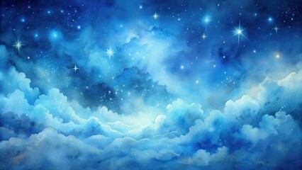 Wall Mural - Celestial Dreamscape A Serene Watercolor Painting of Night Sky and Fluffy Clouds